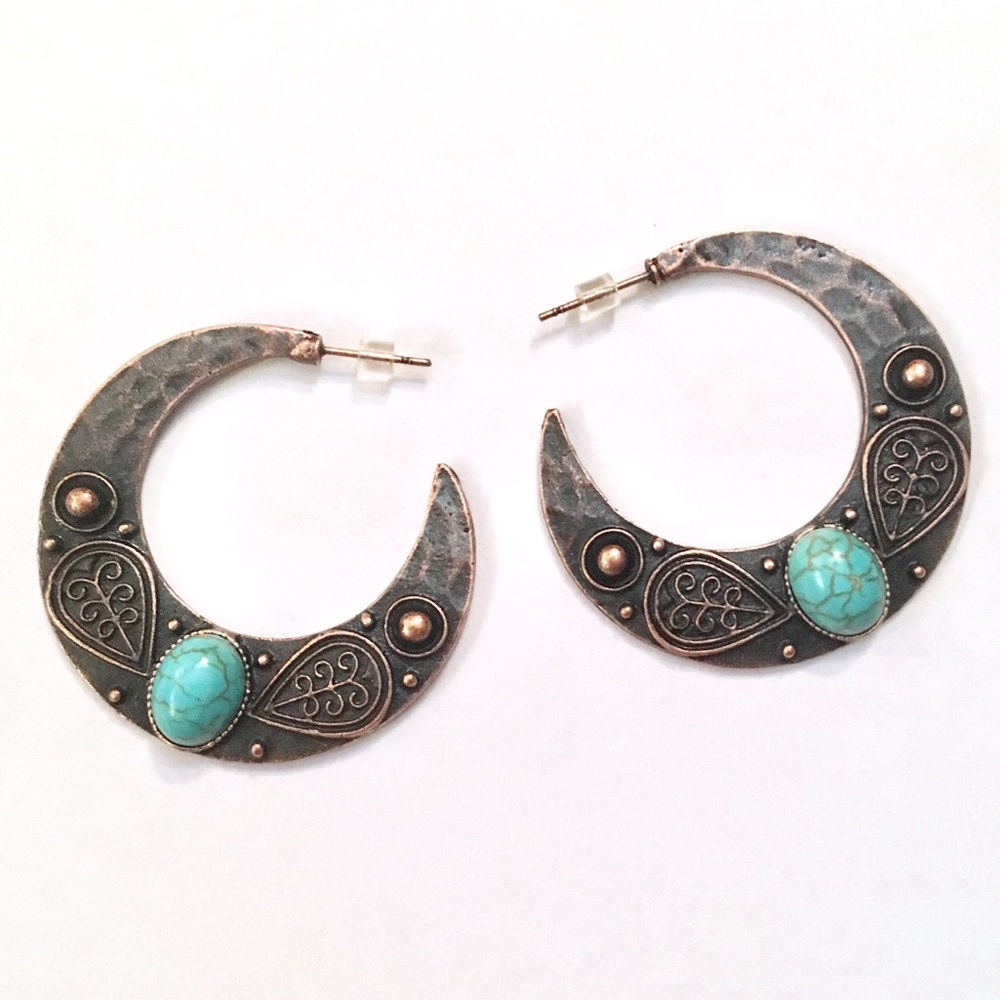 NWT Copper & Turquoise Embossed Hoop Earrings